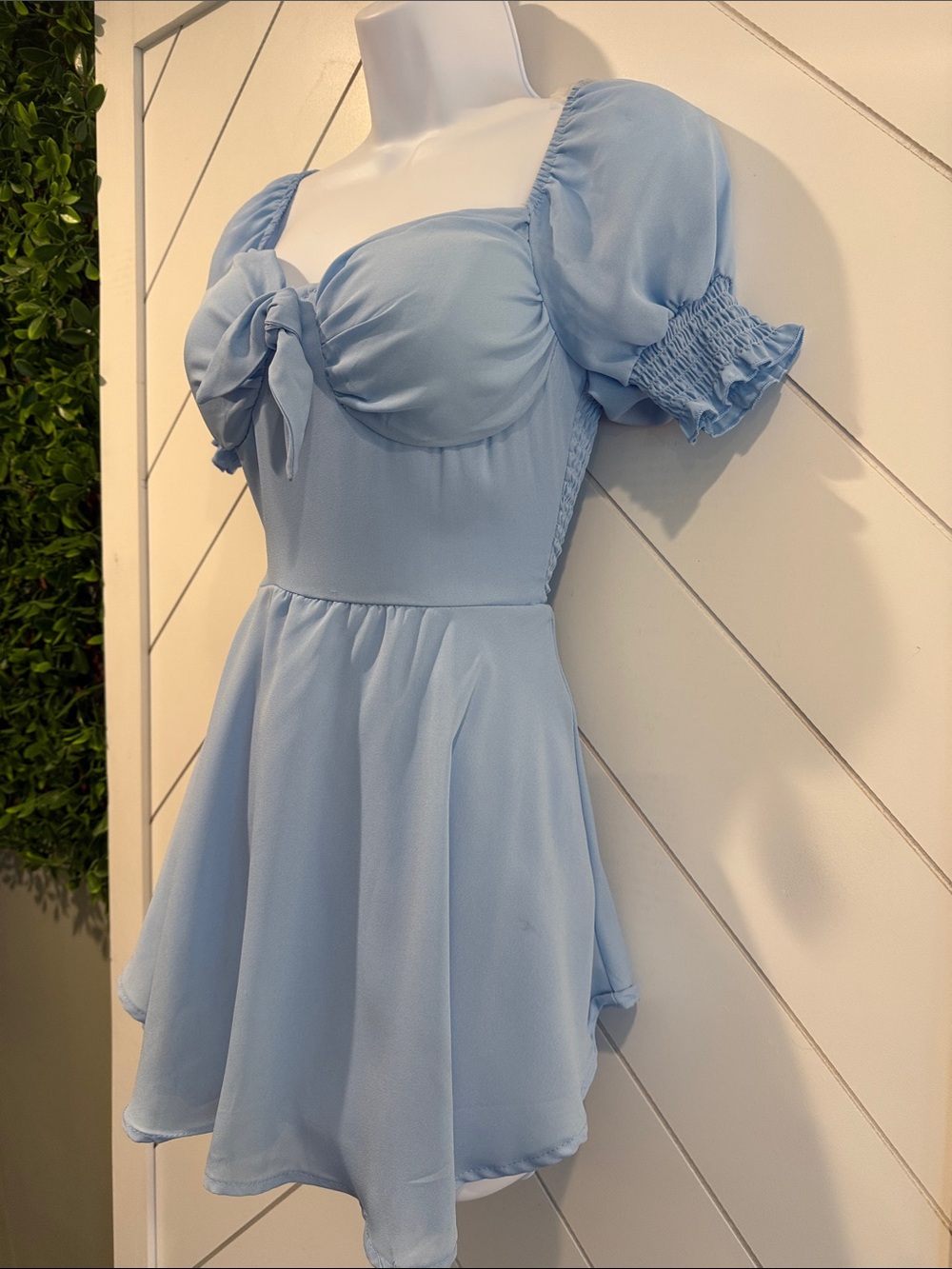 Light Blue Puff-Sleeve Mini Romper Dress - Picture 6 of 11